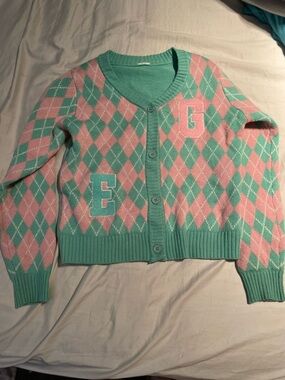 Wicked Mint & Pink Argyle Cardigan with E and G Letter Patches